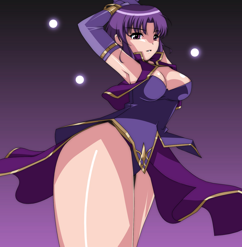 ariyon, ursula (fire emblem), fire emblem, fire emblem: the blazing blade, nintendo, 1girl, breasts, cleavage, elbow gloves, female focus, gloves, large breasts, purple eyes, purple hair, short hair, solo, stretching, thighs