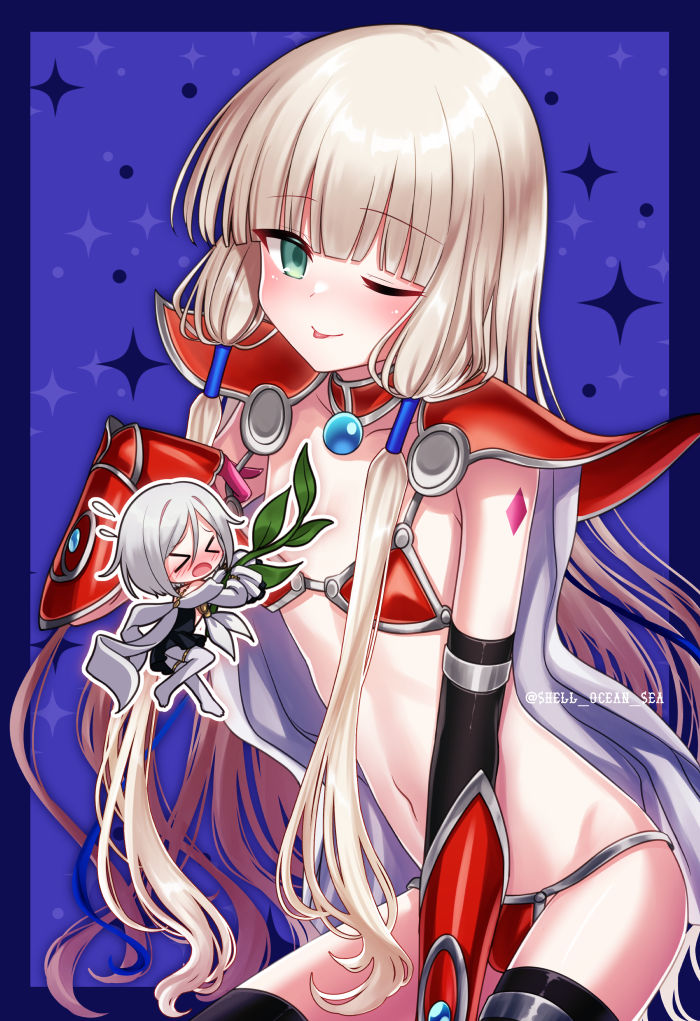shell ocean, dove (fate), elizabeth bathory (brave) (fate), elizabeth bathory (fate), noah (fate), fate/grand order, fate (series), 1boy, 1other, armor, bikini armor, black gloves, black thighhighs, blonde hair, blush, cape, chibi, cosplay, detached collar, elbow gloves, elizabeth bathory (brave) (fate) (cosplay), gauntlets, gloves, green eyes, long hair, looking at viewer, navel, one eye closed, pauldrons, red armor, shoulder armor, smile, thighhighs, thighs, tongue, tongue out, very long hair, white cape