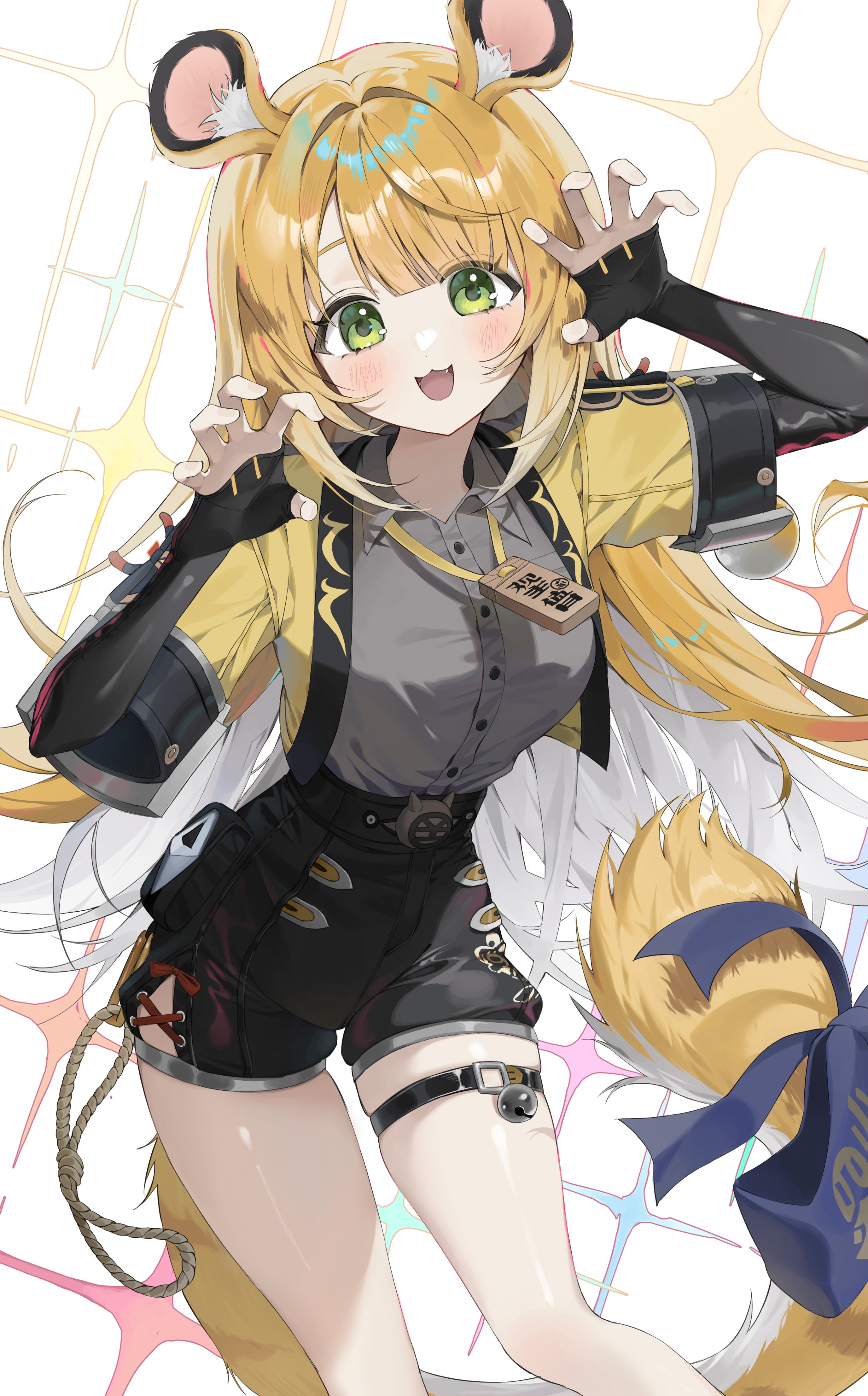 chama (chacoc0), ju fufu, zenless zone zero, absurdres, highres, 1girl, animal ears, belt, black gloves, black shorts, blonde hair, collared shirt, colored inner hair, elbow gloves, fang, fingerless gloves, gloves, green eyes, grey hair, grey shirt, hands up, jacket, long hair, looking at viewer, multicolored hair, open mouth, paw pose, shirt, short sleeves, shorts, simple background, smile, solo, standing, tail, thigh belt, thigh strap, tiger ears, tiger girl, tiger tail, white background, yellow jacket