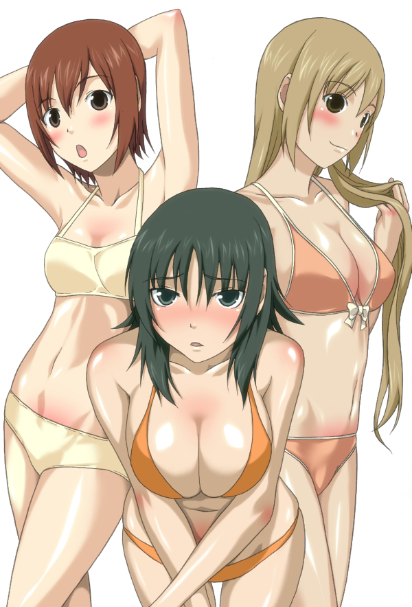 yuuki1103, atsuko (minami-ke), maki (minami-ke), minami haruka, minami-ke, 00s, 3girls, armpits, arms up, bent over, bikini, blush, breasts, cleavage, large breasts, long hair, multiple girls, swimsuit