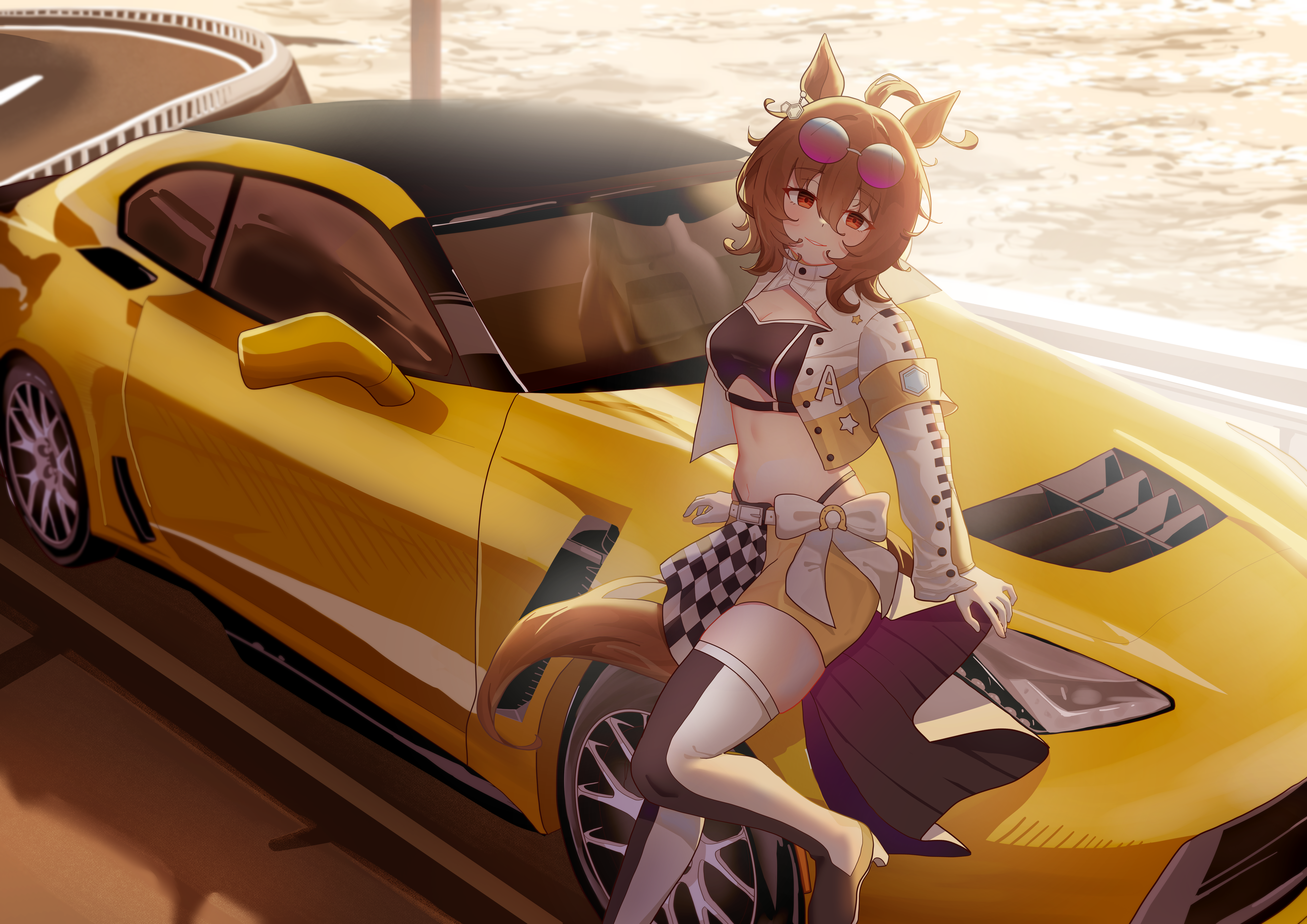 nanaken (qijian23092715), agnes tachyon (umamusume), umamusume, absurdres, highres, vehicle request, 1girl, ahoge, animal ears, armband, brown hair, car, eyewear on head, hair between eyes, horse ears, horse girl, horse tail, huge ahoge, leaning against vehicle, looking at viewer, medium hair, motor vehicle, outdoors, purple-tinted eyewear, race queen, red eyes, road, solo, sports car, tail, tinted eyewear, yellow armband, yellow car