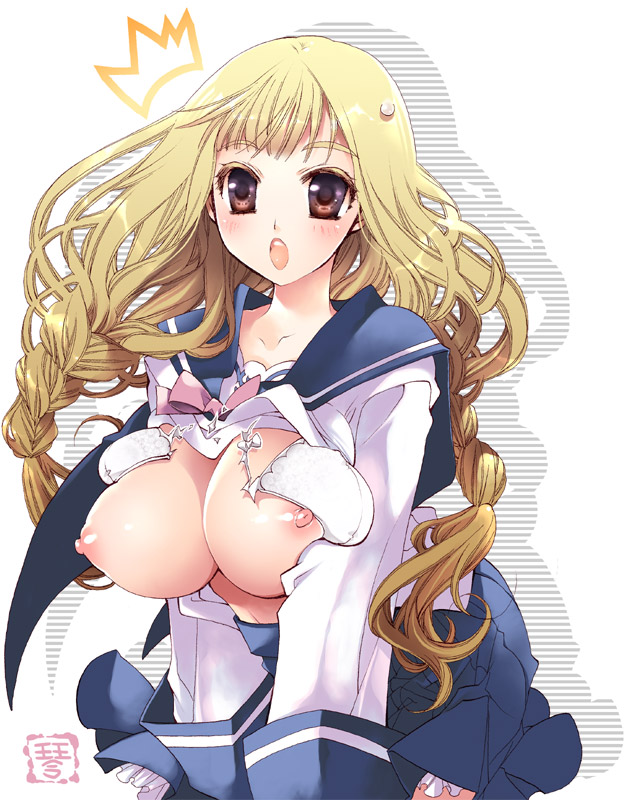 kotoji, original, bad id, bad pixiv id, 1girl, :o, blonde hair, blush, bra, braid, breasts, clothes lift, female focus, huge breasts, large breasts, lingerie, long hair, nipples, open bra, open mouth, red eyes, school uniform, serafuku, shirt lift, skirt, solo, surprised, sweatdrop, torn clothes, twin braids, underwear, wardrobe malfunction, yellow eyes