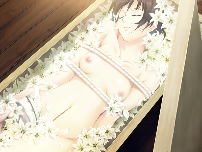 sugina miki, kouzuki kazuna, kara no shoujo, 1girl, amputee, black hair, box, breasts, brown hair, closed eyes, creepy, death, dutch angle, female focus, flower, horror (theme), in box, in container, medium breasts, nipples, nude, scar, short hair, solo, stitches, surgical scar