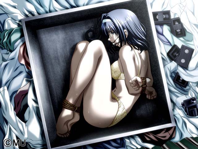 game cg, 1girl, ball gag, barefoot, bdsm, blue hair, bondage, bound, box, bra, camera, female focus, folded, gag, gagged, glasses, hairband, headband, in box, in container, lingerie, panties, solo, underwear
