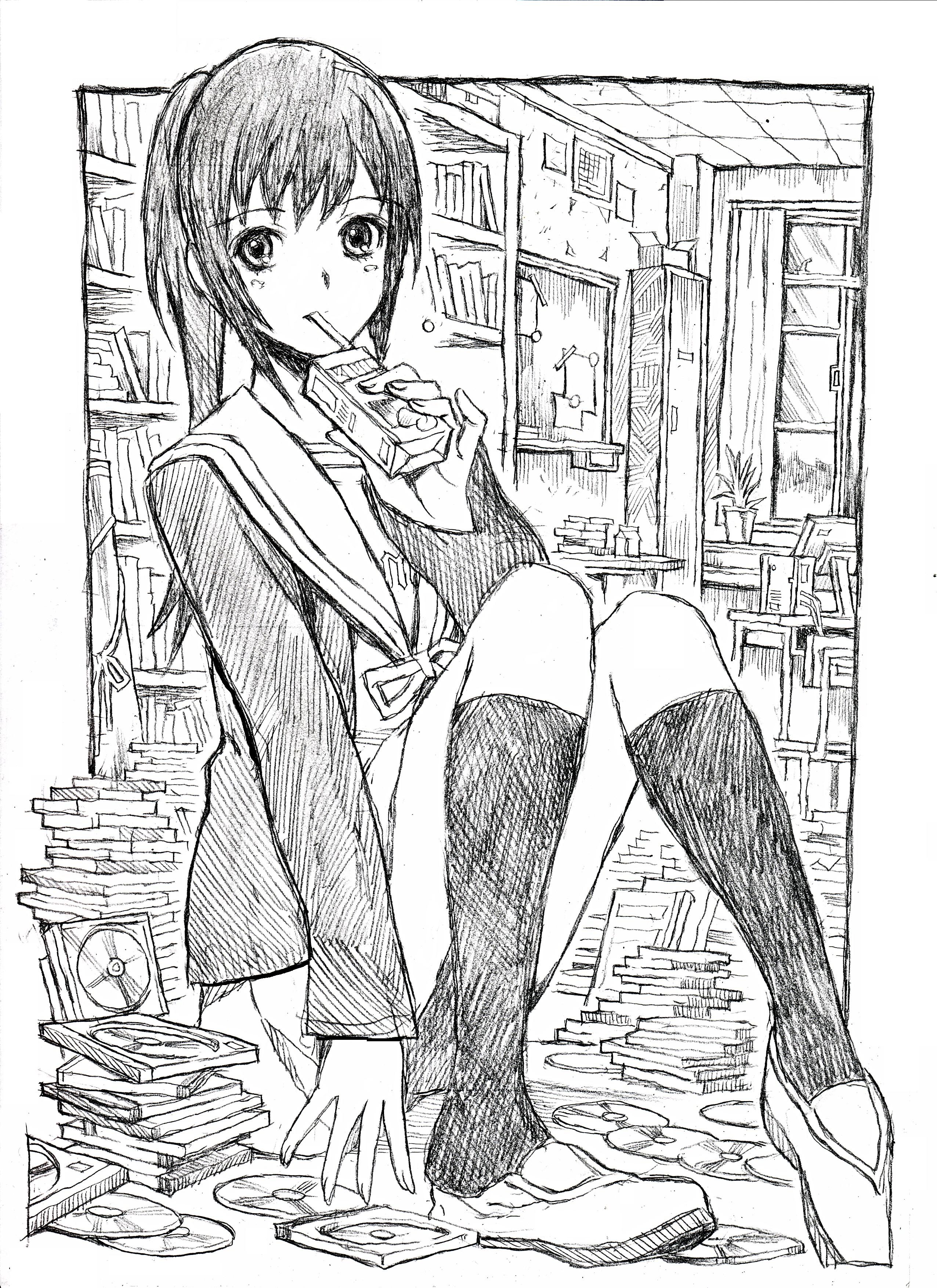 nobita (makoto7060355), kyonko, suzumiya haruhi no yuuutsu, absurdres, bad id, bad pixiv id, highres, 00s, 1girl, female focus, genderswap, genderswap (mtf), greyscale, juice box, monochrome, ponytail, sitting, sketch, solo