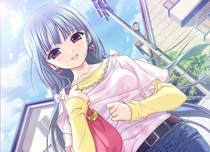 santa matsuri, sakushiba kyara, mink (company), ren no koi, yakin byoutou, bad id, bad pixiv id, 00s, 1girl, bag, belt, blue hair, day, dutch angle, earrings, female focus, handbag, jewelry, long hair, outdoors, pink eyes, purple eyes, red eyes, smile, solo