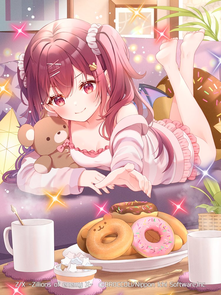 serino itsuki, z/x, 1girl, bear hair ornament, breasts, cleavage, closed mouth, couch, cup, donut, food, hair ornament, hair scrunchie, hairclip, indoors, jacket, light particles, lying, medium breasts, nei (z/x), on couch, on stomach, pink jacket, plate, red eyes, red hair, scrunchie, solo, sparkle, spoon, table, teacup, twintails, wings