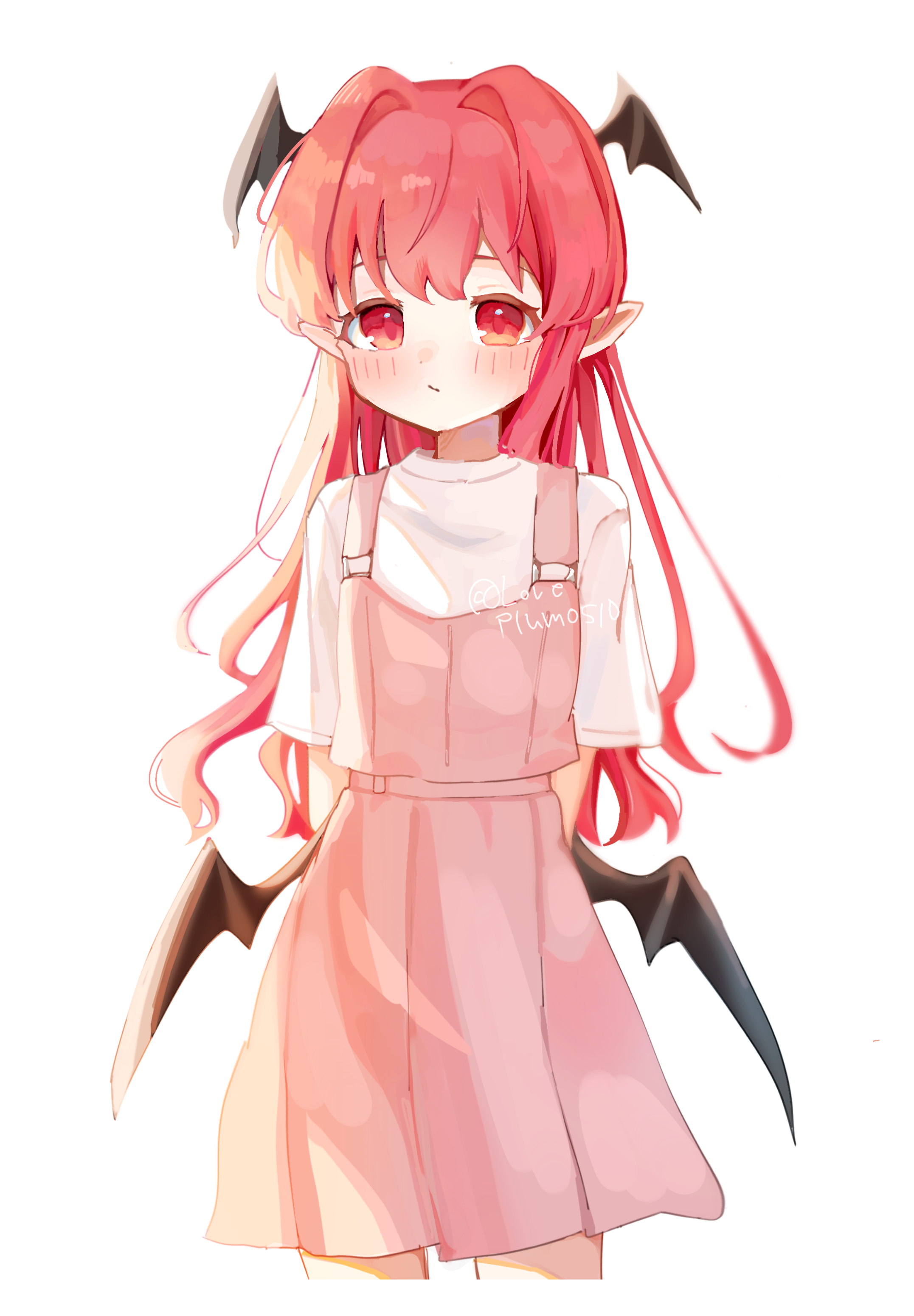 loveplum0510, koakuma, touhou, absurdres, commentary, highres, 1girl, :/, alternate costume, arms behind back, bat wings, blush, casual, cropped legs, demon girl, dress, head wings, long hair, looking at viewer, overall skirt, overalls, pink dress, pink overalls, pointy ears, red eyes, red hair, shirt, short sleeves, simple background, solo, straight hair, thighs, twitter username, very long hair, white background, white shirt, wings