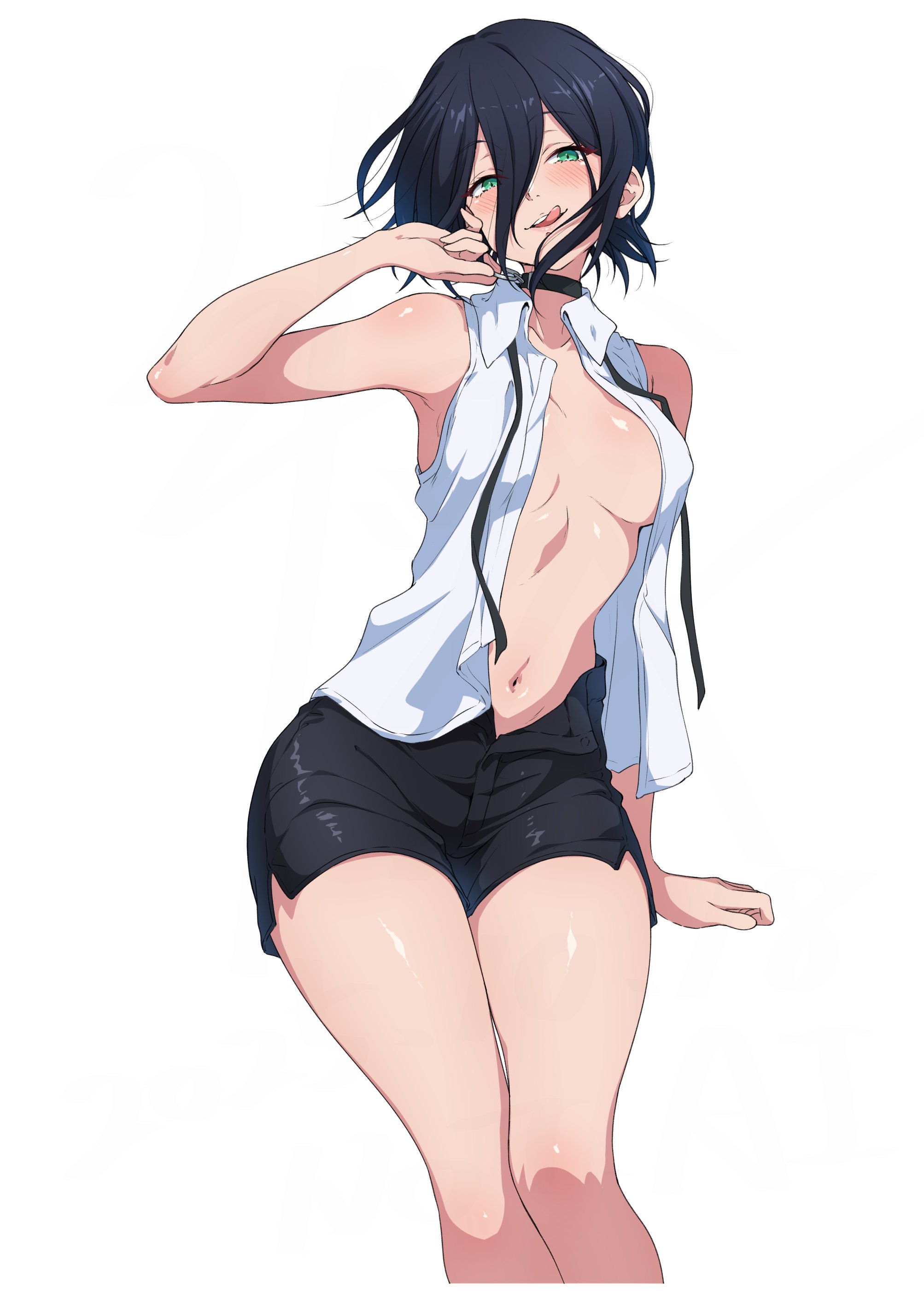 nishizuki shino, reze (chainsaw man), chainsaw man, absurdres, highres, 1girl, black choker, breasts, choker, green eyes, hair between eyes, looking at viewer, purple hair, ribbon, shirt, simple background, sleeveless, sleeveless shirt, solo, white background, white shirt