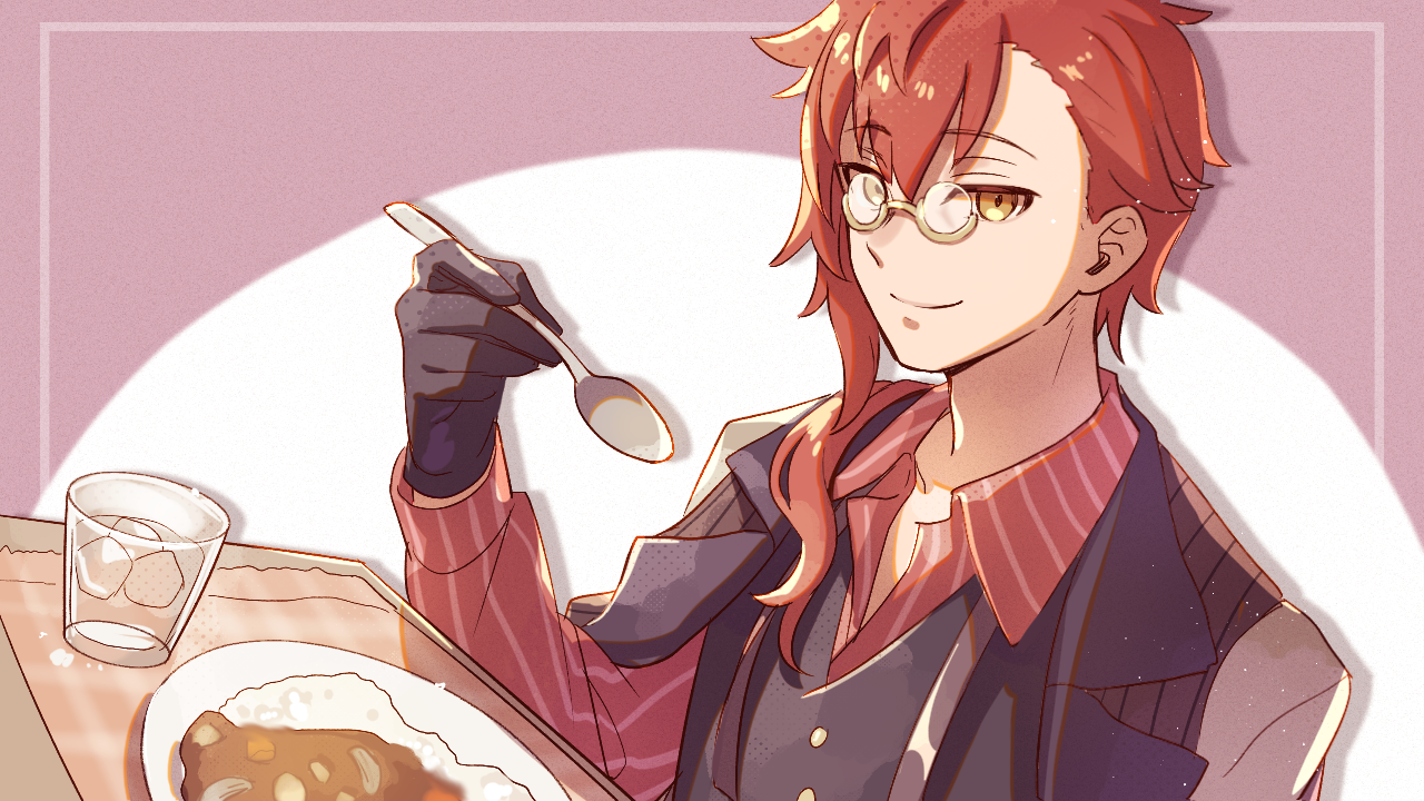 shuu (syuuuuuuuuuu), original, commentary request, 1boy, black gloves, brown jacket, closed mouth, collared shirt, cup, curry, curry rice, drinking glass, food, glasses, gloves, holding, holding spoon, ice, ice cube, jacket, long hair, long sleeves, male focus, pince-nez, plate, red hair, red shirt, rice, shirt, smile, solo, spoon, striped clothes, striped shirt, upper body, yellow eyes
