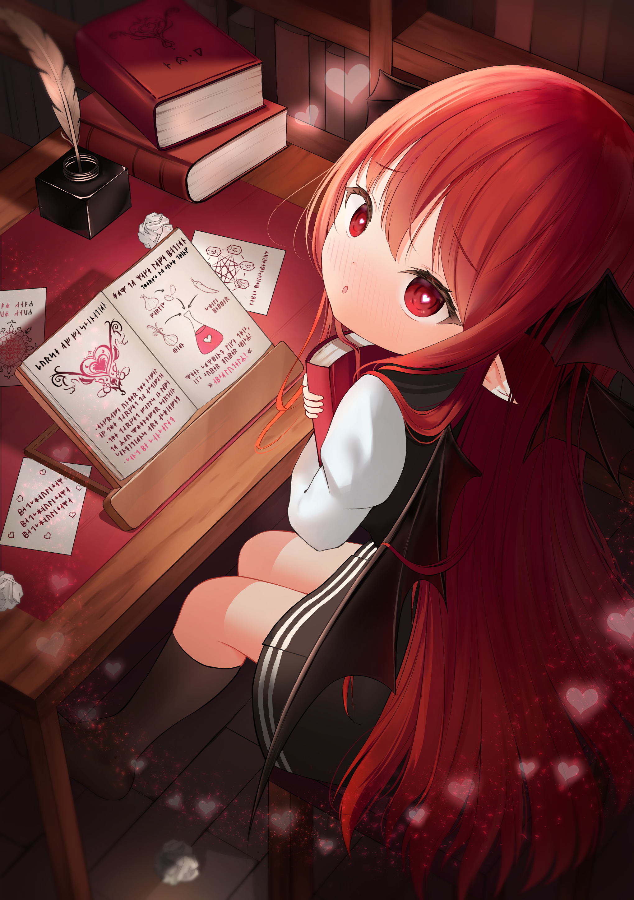 nerkia, koakuma, touhou, absurdres, commentary request, highres, korean commentary, mixed-language commentary, partial commentary, 1girl, :o, bat wings, black skirt, black socks, blush, book, book stand, bookshelf, crumpled paper, demon girl, head wings, heart, heart-shaped pupils, holding, holding book, hugging book, hugging object, indoors, inkwell, kneehighs, long hair, long sleeves, looking at viewer, looking to the side, pointy ears, quill, red eyes, red hair, shirt, sitting, skirt, socks, solo, straight hair, symbol-shaped pupils, table, very long hair, white shirt, wings, wooden floor, wooden table