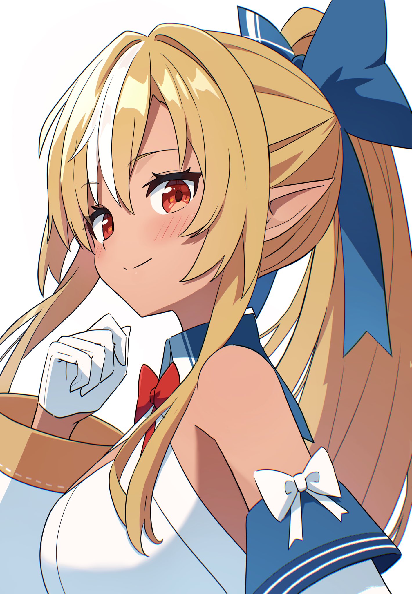 kaie, shiranui flare, shiranui flare (1st costume), hololive, commentary request, highres, 1girl, bare shoulders, blonde hair, blue bow, blush, bow, bowtie, closed mouth, collared shirt, dark elf, detached sleeves, elf, gloves, hair bow, hand up, long hair, long sleeves, looking at viewer, multicolored hair, pointy ears, ponytail, portrait, red bow, red bowtie, red eyes, shirt, simple background, sleeveless, sleeveless shirt, smile, solo, streaked hair, two-tone hair, virtual youtuber, white background, white gloves, white hair, white shirt, white sleeves