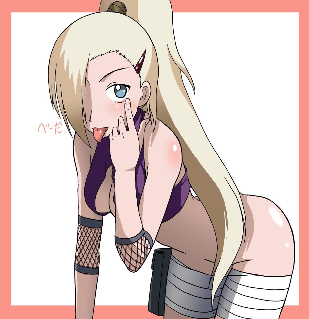 takaya n, yamanaka ino, naruto (classic), naruto (series), highres, 1girl, :p, bottomless, breasts, censored, convenient censoring, female focus, food, fruit, hair over one eye, raspberry, solo, tongue, tongue out