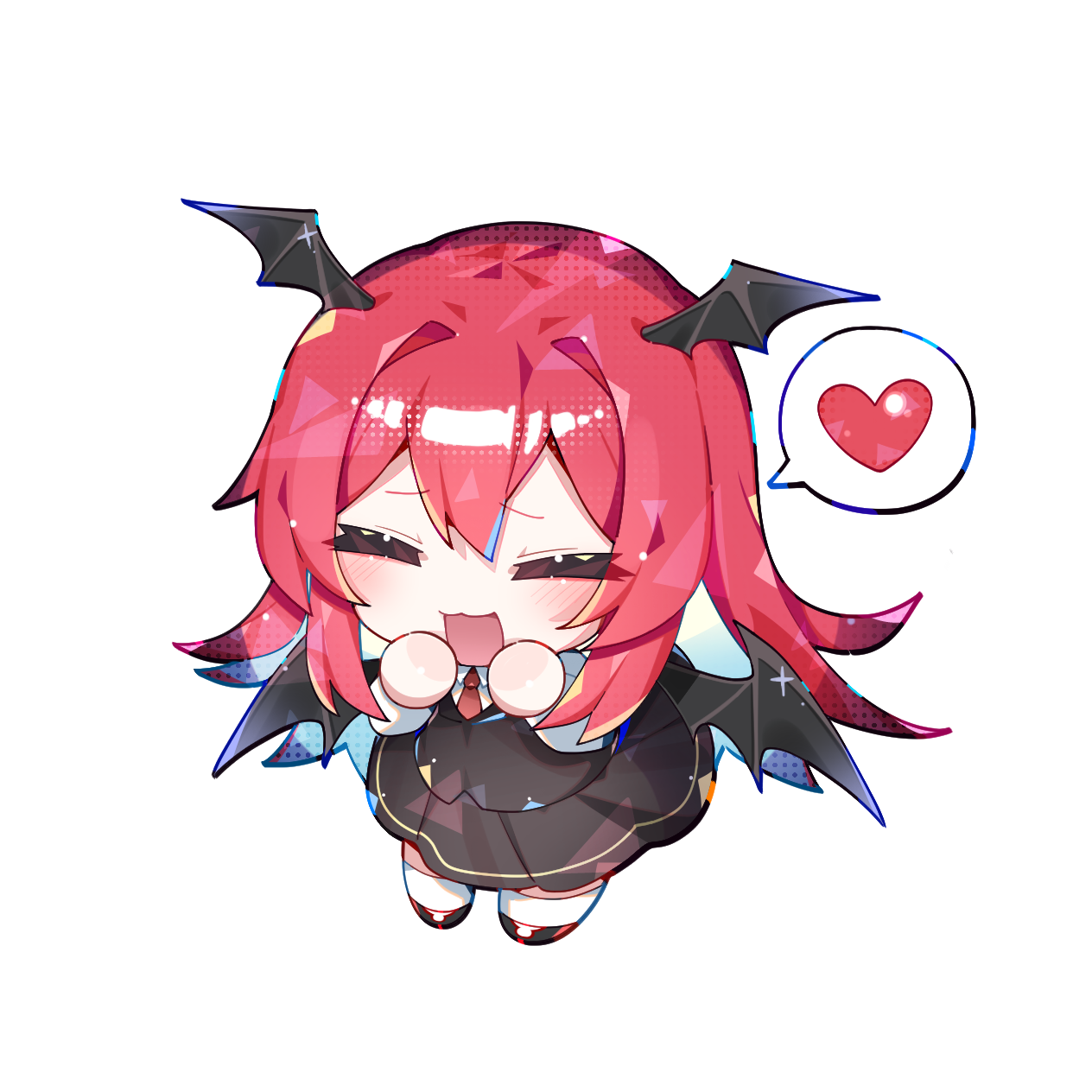 sia 6767, koakuma, touhou, commentary, highres, 1girl, ^ ^, bat wings, black shoes, black skirt, black vest, blush, chibi, chibi only, closed eyes, demon girl, demon horns, double-parted bangs, flipped hair, full body, heart, horns, long hair, necktie, red hair, red necktie, shirt, shoes, simple background, skirt, smile, socks, solo, spoken heart, vest, white background, white shirt, white socks, wings