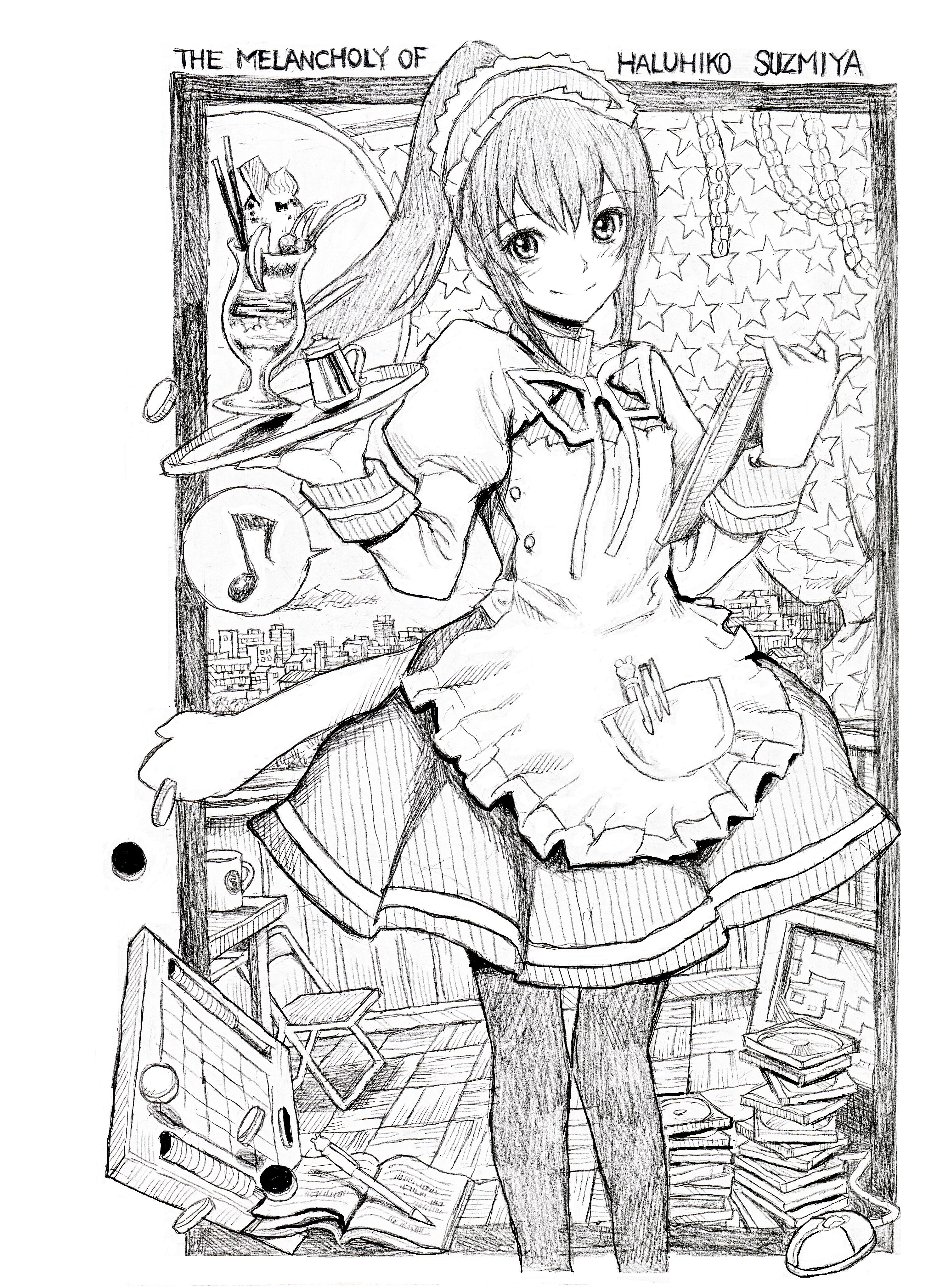 nobita (makoto7060355), kyonko, suzumiya haruhi no yuuutsu, absurdres, bad id, bad pixiv id, highres, 00s, 1girl, apron, board game, chair, computer mouse, cup, female focus, food, genderswap, genderswap (mtf), greyscale, ice cream, maid, maid apron, monitor, monochrome, mug, musical note, pantyhose, pen, ponytail, reversi, skirt, solo, sundae, tray, waitress