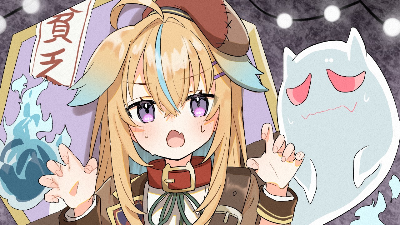 shuu (syuuuuuuuuuu), original, commentary request, 1girl, ahoge, black background, blonde hair, blue hair, blush, brown hat, brown jacket, collar, fang, ghost, green ribbon, hair between eyes, hair ornament, hairclip, hands up, hat, jacket, long hair, long sleeves, looking at viewer, multicolored hair, neck ribbon, open mouth, parallel hairclips, pink eyes, portrait, red collar, ribbon, skin fang, solo, streaked hair, two-tone hair