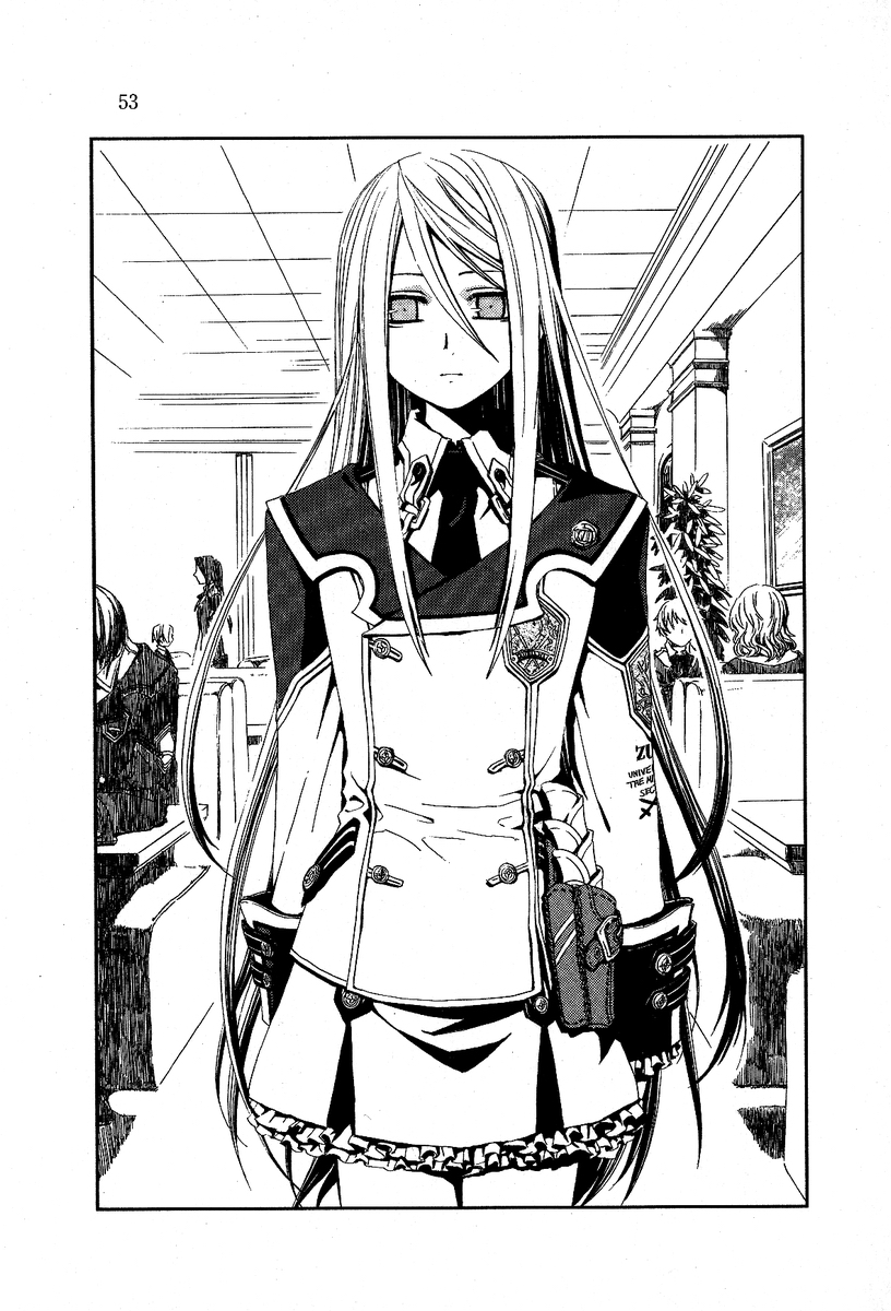 miyuu, felli loss, koukaku no regios, uniform, highres, 1girl, bag, cowboy shot, female focus, greyscale, handbag, indoors, long hair, long sleeves, looking at viewer, miniskirt, monochrome, necktie, sidelocks, skirt, solo