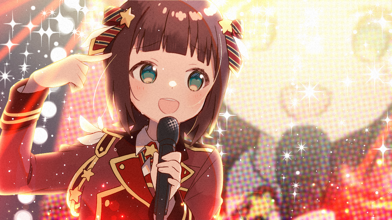 shuu (syuuuuuuuuuu), amami haruka, idolmaster, commentary request, 1girl, :d, blunt bangs, blush, bow, brown hair, green eyes, hair bow, holding, holding microphone, jacket, long sleeves, microphone, open mouth, portrait, red bow, red jacket, short hair, smile, solo, sparkle, striped bow
