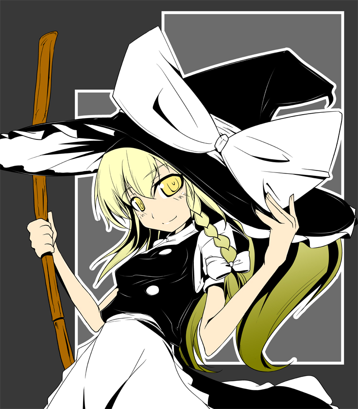 oborozuki, rougetsu (eclipse), kirisame marisa, touhou, 1girl, blonde hair, blush, braid, broom, female focus, hat, single braid, smile, solo, witch, witch hat