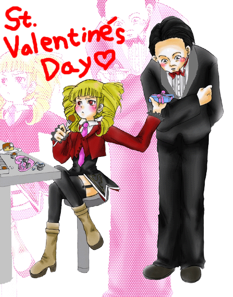 vienetta, beelzebub (umineko), gouda toshirou, stakes of purgatory, umineko no naku koro ni, bad id, bad pixiv id, 00s, 1boy, 1girl, black hair, black thighhighs, blonde hair, blush, drill hair, eating, food, formal clothes, heart, necktie, pink necktie, red eyes, sitting, suit, sweat, thighhighs, twintails
