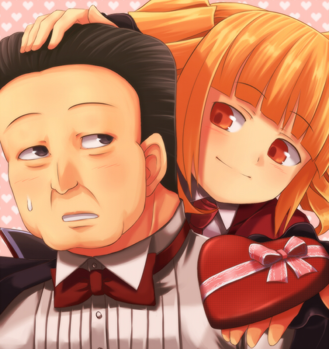 jailbird, beelzebub (umineko), gouda toshirou, stakes of purgatory, umineko no naku koro ni, 00s, black hair, blonde hair, drill hair, heart, red eyes, smile, sweat
