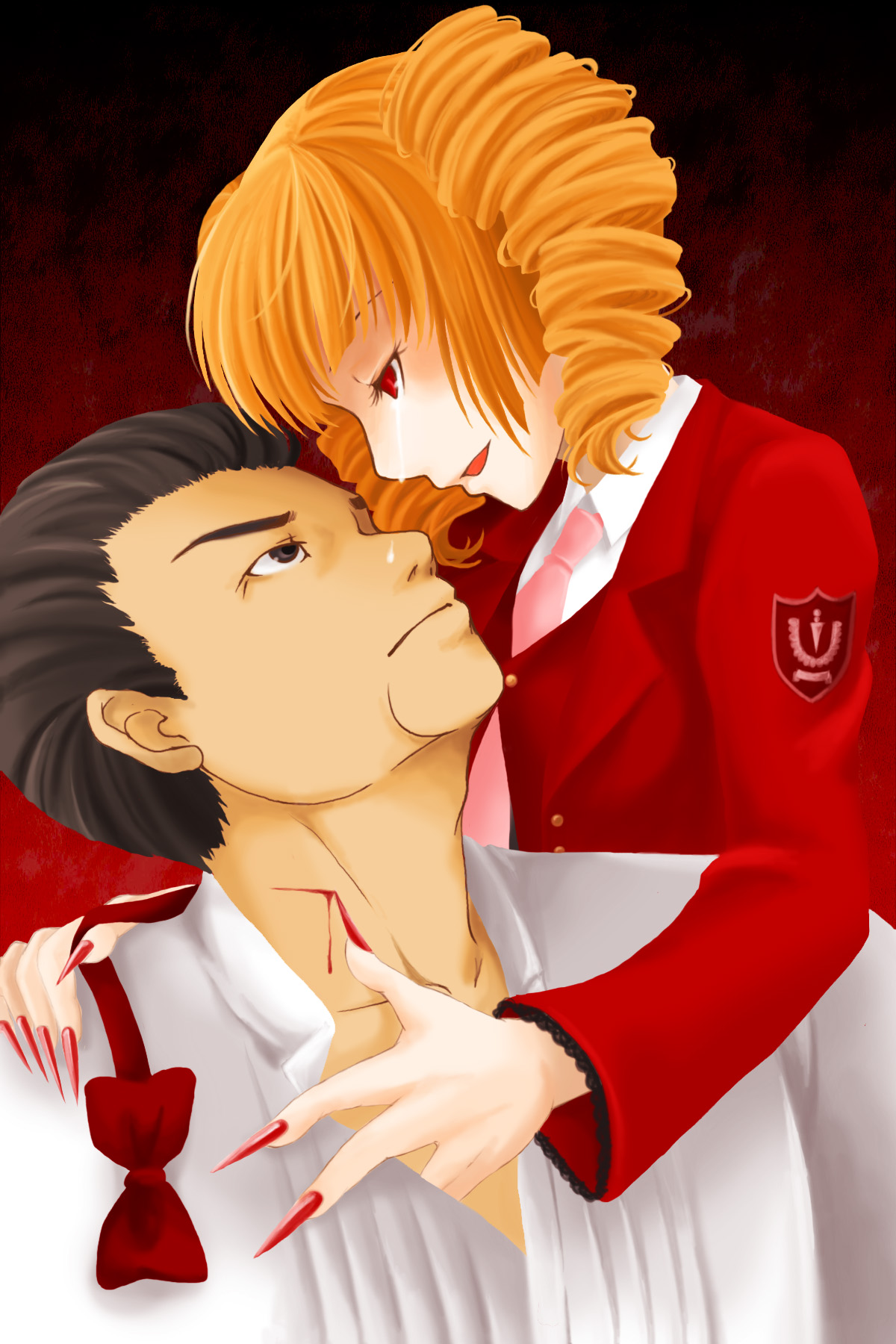 misumi kouji, beelzebub (umineko), gouda toshirou, stakes of purgatory, umineko no naku koro ni, bad id, bad pixiv id, highres, 00s, 1boy, 1girl, black hair, blonde hair, blood, claws, drill hair, fingernails, long fingernails, nail (hardware), necktie, pink necktie, tears, twin drills, twintails