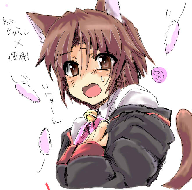 naoe riki, little busters!, artist request, translation request, 1boy, androgynous, animal ears, bell, blush, bob cut, brown eyes, brown hair, cat ears, cat tail, cat teaser, feathers, jacket, male focus, open mouth, ribbon, school uniform, shirt, short hair, sketch, solo, tail, trap