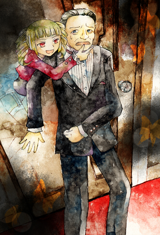 yanon, beelzebub (umineko), gouda toshirou, stakes of purgatory, umineko no naku koro ni, bad id, bad pixiv id, lowres, 00s, black hair, blonde hair, door, red eyes, smile, sweat