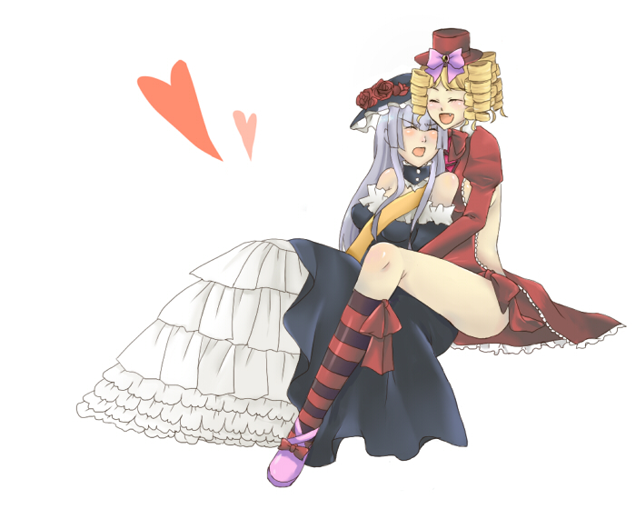 tanka, gaap (umineko), virgilia (umineko), umineko no naku koro ni, silver hair, bad id, bad pixiv id, 00s, 2girls, blonde hair, bow, breasts, closed eyes, dress, drill hair, fang, hat, heart, hime cut, hug, mini hat, mini top hat, multiple girls, pink bow, sash, shoes, sideboob, smile, top hat, yuri