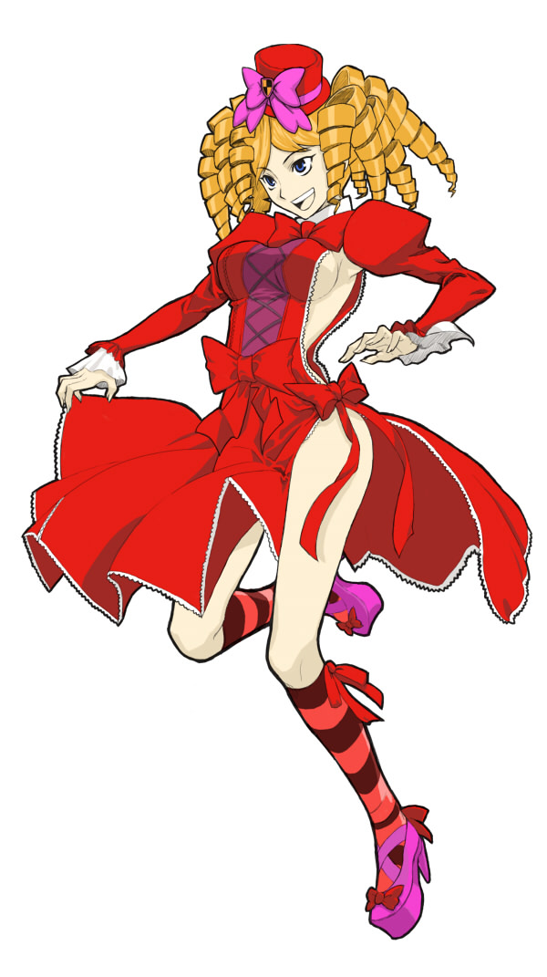 hazakura (haz), gaap (umineko), umineko no naku koro ni, 00s, 1girl, blonde hair, bow, breasts, dress, drill hair, female focus, hat, mini hat, mini top hat, pink bow, shoes, sideboob, solo, top hat