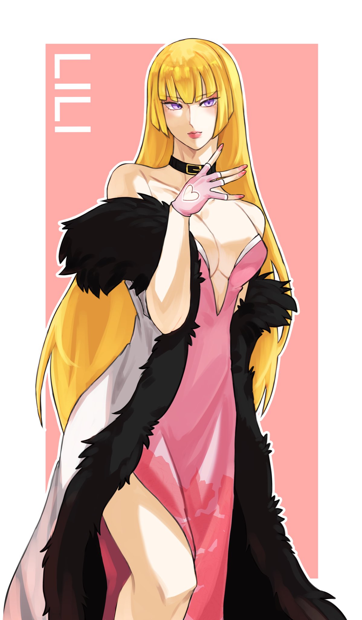 emilie de rochefort, tekken, bare shoulders, blonde hair, breasts, character name, cleavage, clothing cutout, coat, dress, fingerless gloves, gloves, heart cutout, kaphwan0106, lips, long hair, purple eyes