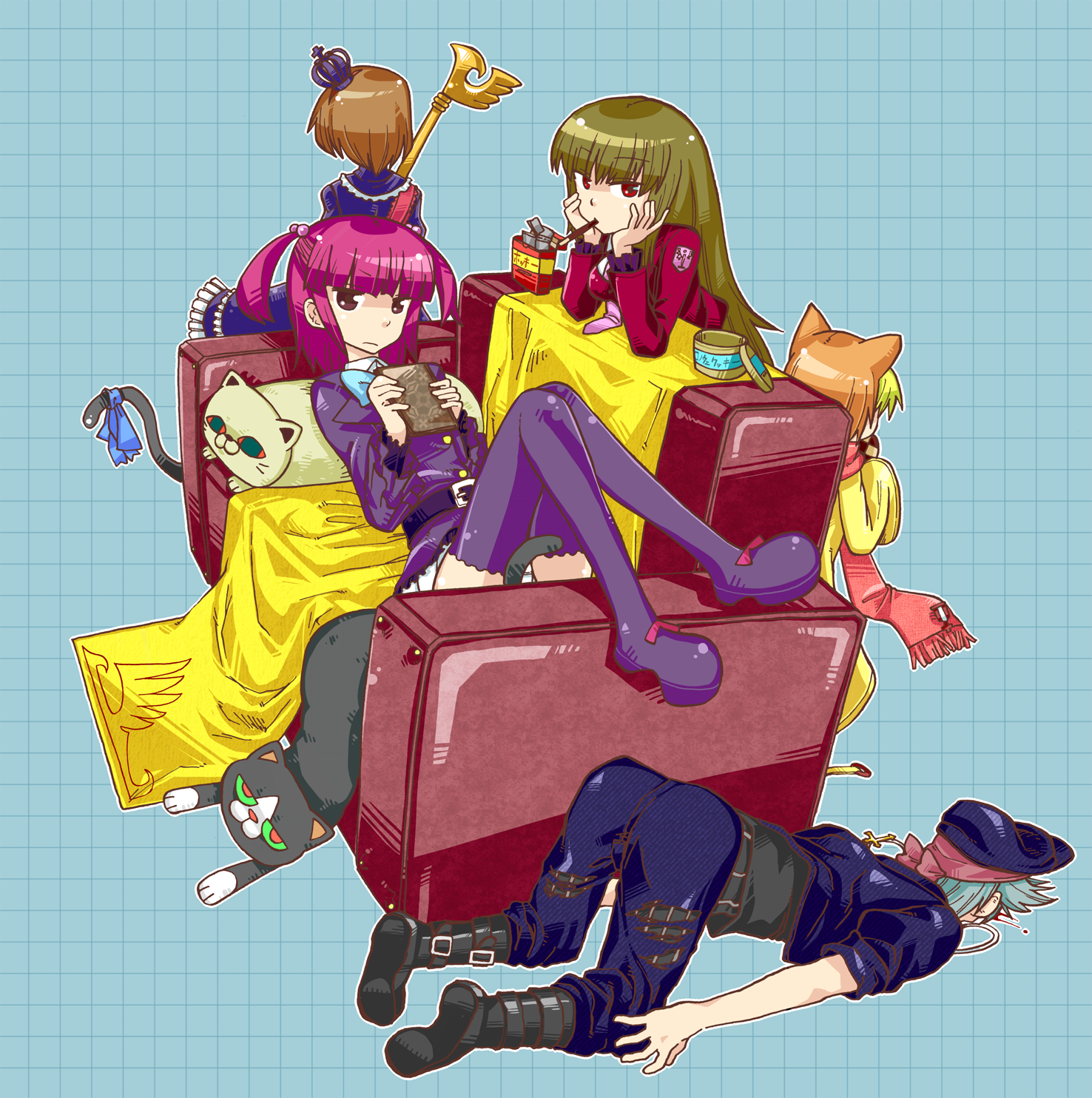 etori, amakusa juuza, mammon (umineko), maria (umineko), sakutarou (umineko), stakes of purgatory, ushiromiya ange, umineko no naku koro ni, silver hair, highres, 00s, 3girls, animal ears, bandana, crown, food, hair bobbles, hair ornament, multiple girls, orange hair, red hair, thighhighs