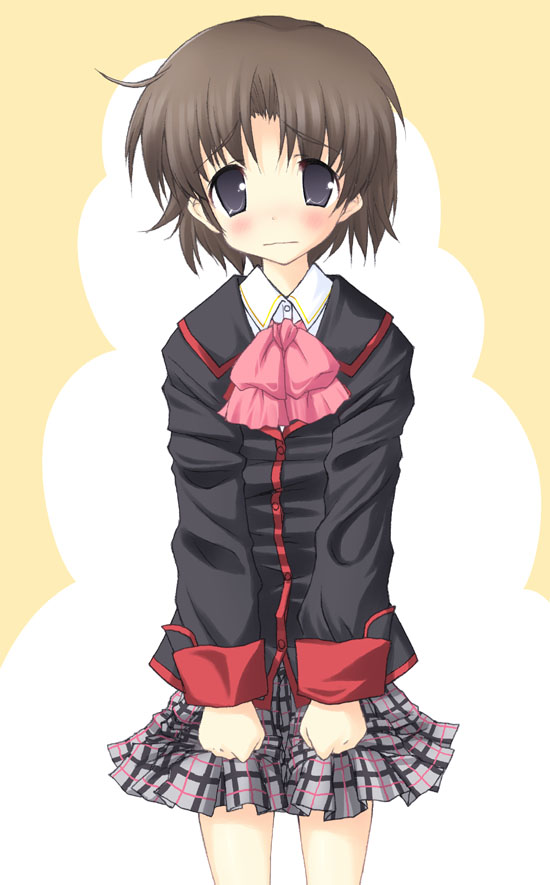 nishikiori jin, naoe riki, little busters!, 1boy, blush, bob cut, crossdressing, crossdressing (mtf), male focus, plaid clothes, plaid skirt, pleated skirt, ribbon, school uniform, skirt, socks, solo, trap