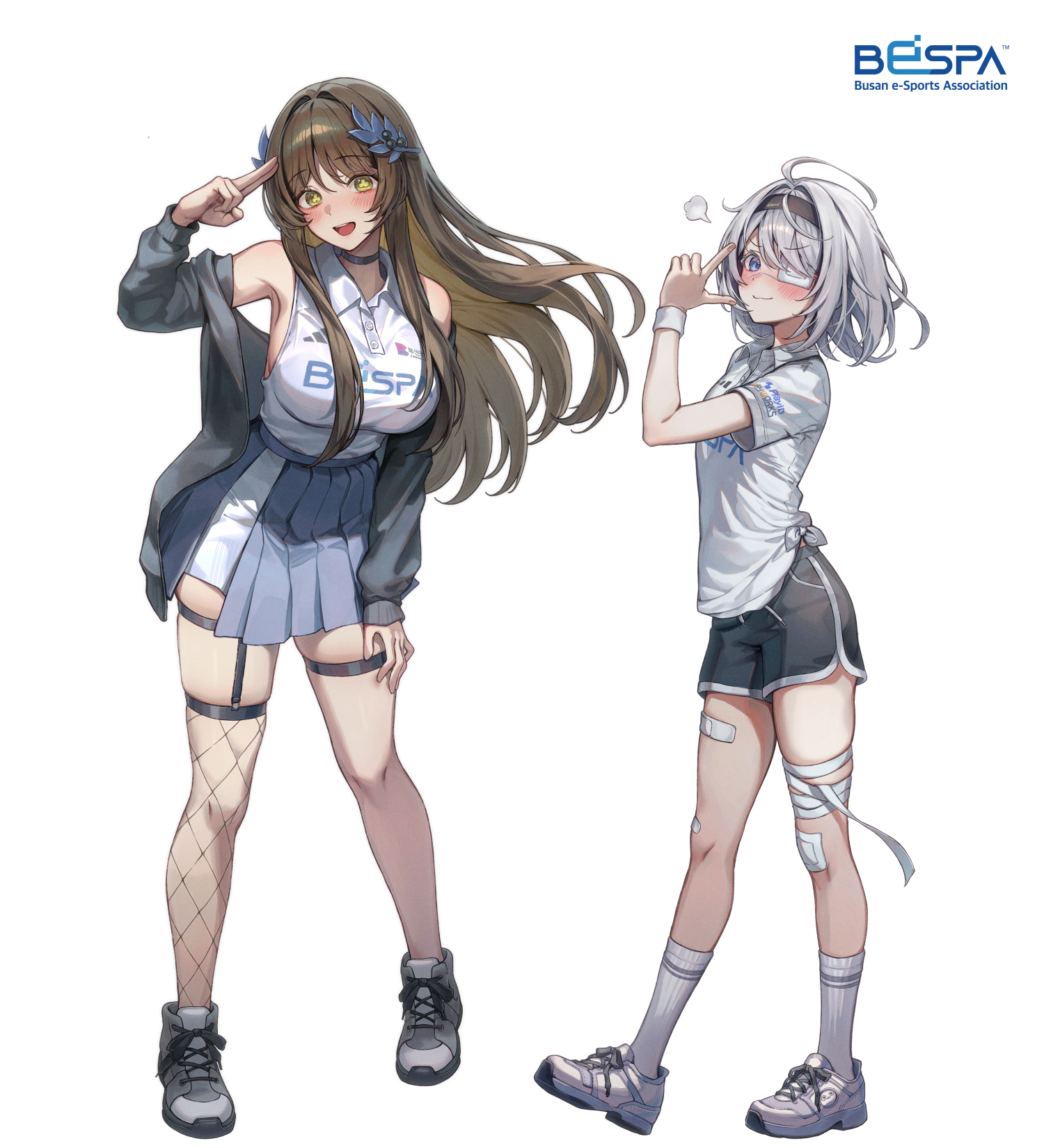 gyogyog, gweon sua, sissela kyle, black survival, eternal return: black survival, highres, 2girls, :3, ahoge, armpits, bandaged leg, bandages, bandaid, bandaid on knee, bandaid on leg, bandaid on thigh, bare shoulders, black choker, black jacket, black shorts, blue skirt, blush, breasts, brown hair, choker, closed mouth, clothes writing, collared shirt, dolphin shorts, eyepatch, finger gun, fishnet thighhighs, fishnets, green eyes, hair branch, hairband, hand on own thigh, hand up, high-waist skirt, jacket, kneehighs, large breasts, leaning forward, long hair, long sleeves, looking at viewer, medical eyepatch, medium hair, multiple girls, off shoulder, open clothes, open jacket, pleated skirt, puff of air, salute, shirt, shirt tucked in, shoes, short shorts, short sleeves, shorts, simple background, single thighhigh, skindentation, skirt, sleeveless, sleeveless shirt, smile, socks, sweatband, symbol-shaped pupils, thigh strap, thighhighs, two-finger salute, v-shaped eyebrows, white background, white hair, white shirt, white shoes, white socks