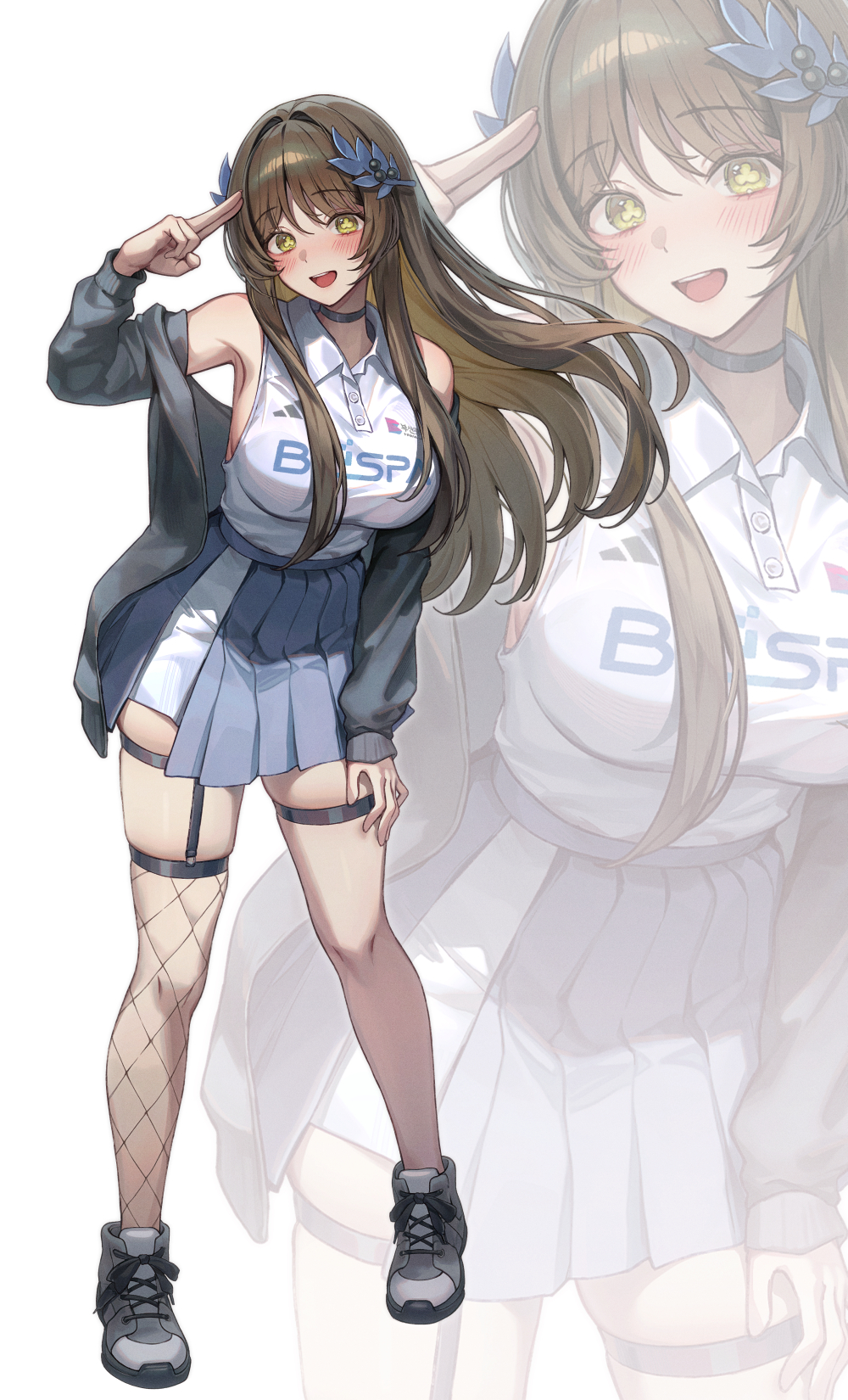 gyogyog, gweon sua, black survival, eternal return: black survival, highres, 1girl, armpits, bare shoulders, black choker, black jacket, blue skirt, breasts, brown hair, choker, clothes writing, collared shirt, fishnet thighhighs, fishnets, green eyes, hair branch, hand on own thigh, hand up, high-waist skirt, jacket, large breasts, leaning forward, long hair, long sleeves, looking at viewer, off shoulder, open clothes, open jacket, pleated skirt, salute, shirt, shirt tucked in, shoes, simple background, single thighhigh, skindentation, skirt, sleeveless, sleeveless shirt, solo, symbol-shaped pupils, thigh strap, thighhighs, two-finger salute, white background, white shirt, zoom layer
