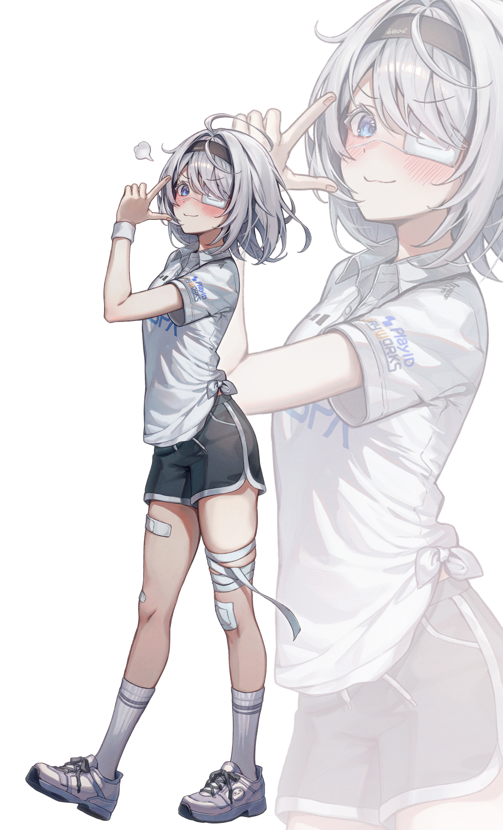 gyogyog, sissela kyle, black survival, eternal return: black survival, highres, 1girl, :3, ahoge, bandaged leg, bandages, bandaid, bandaid on knee, bandaid on leg, bandaid on thigh, black shorts, blush, closed mouth, clothes writing, collared shirt, dolphin shorts, eyepatch, finger gun, hairband, hand up, kneehighs, looking at viewer, medical eyepatch, medium hair, puff of air, shirt, shoes, short shorts, short sleeves, shorts, simple background, smile, socks, solo, sweatband, v-shaped eyebrows, white background, white hair, white shirt, white shoes, white socks, zoom layer