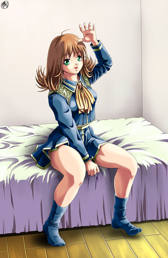 shinozuka jouji, selphie tilmitt, final fantasy, final fantasy viii, 1990s (style), 1girl, bed, female focus, flipped hair, military, military uniform, retro artstyle, sitting, solo