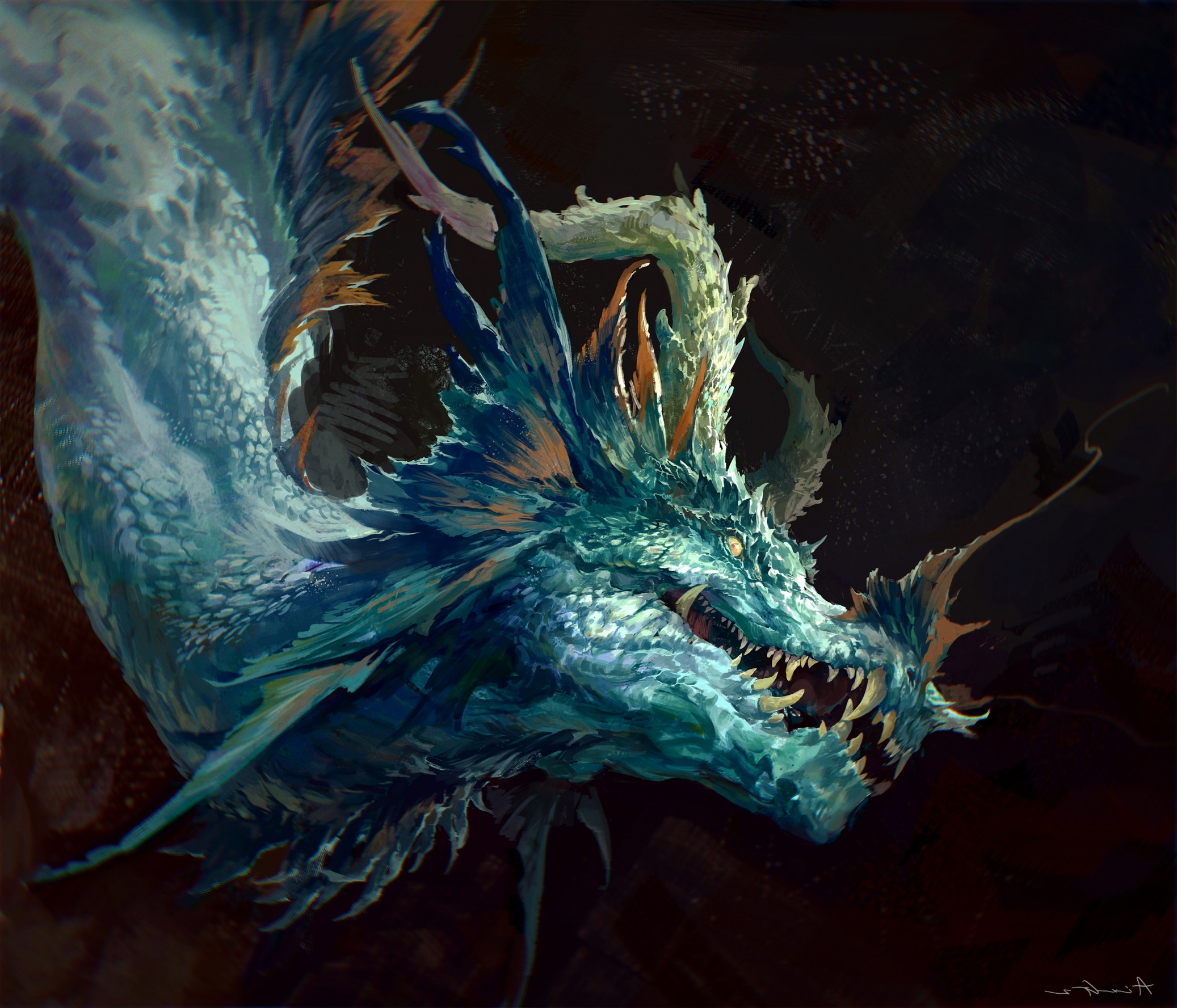 original, highres, aixgz, dragon, horns, looking at viewer, monster, monster focus, no humans, open mouth, portrait, sharp teeth, signature, slit pupils, solo, teeth, yellow eyes