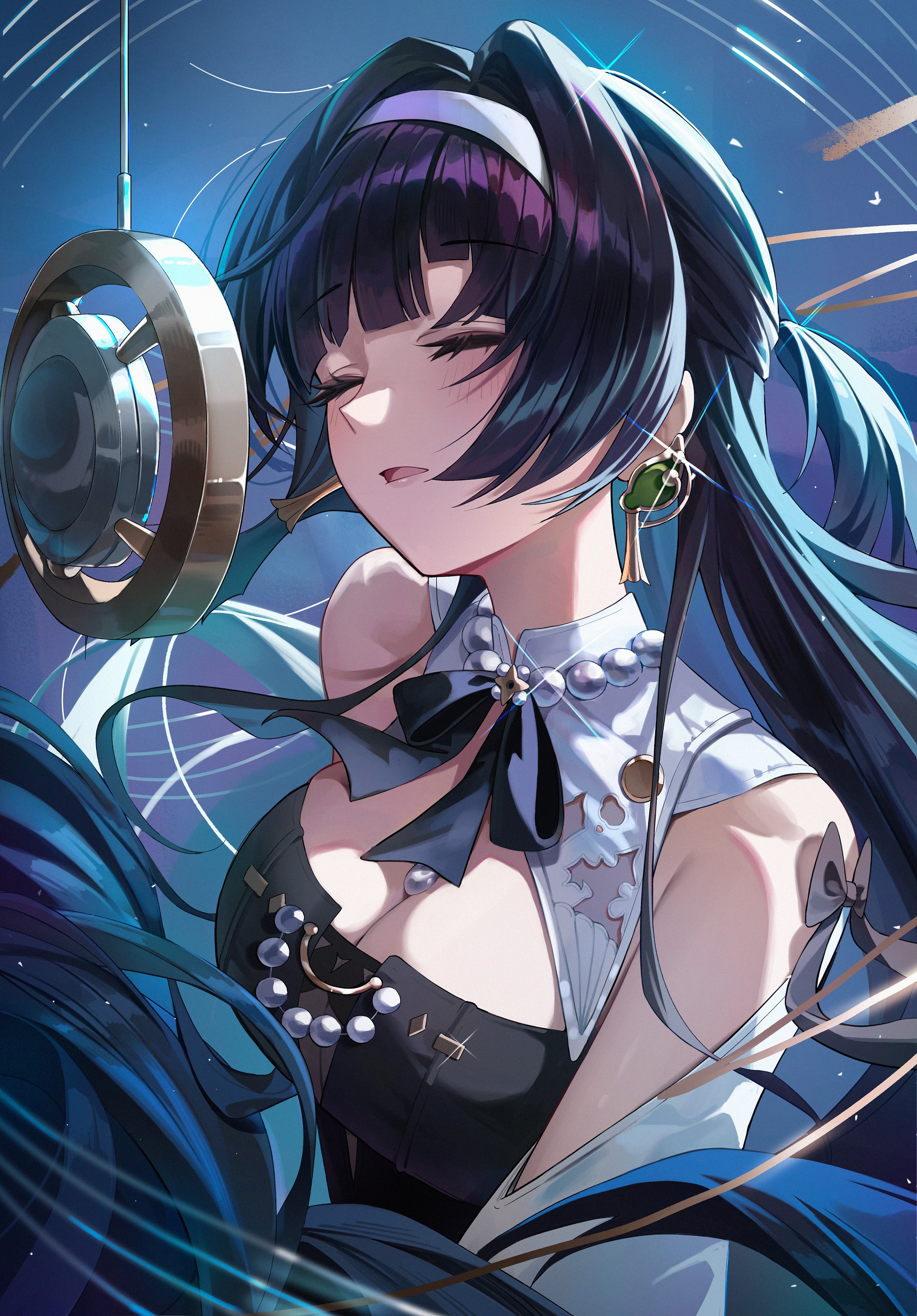 luz0207, astra yao, astra yao (chandelier), zenless zone zero, absurdres, commentary, highres, 1girl, black dress, black hair, breasts, closed eyes, dress, earrings, hair intakes, hairband, jewelry, large breasts, long hair, microphone, music, official alternate costume, singing, solo, upper body, very long hair, white hairband