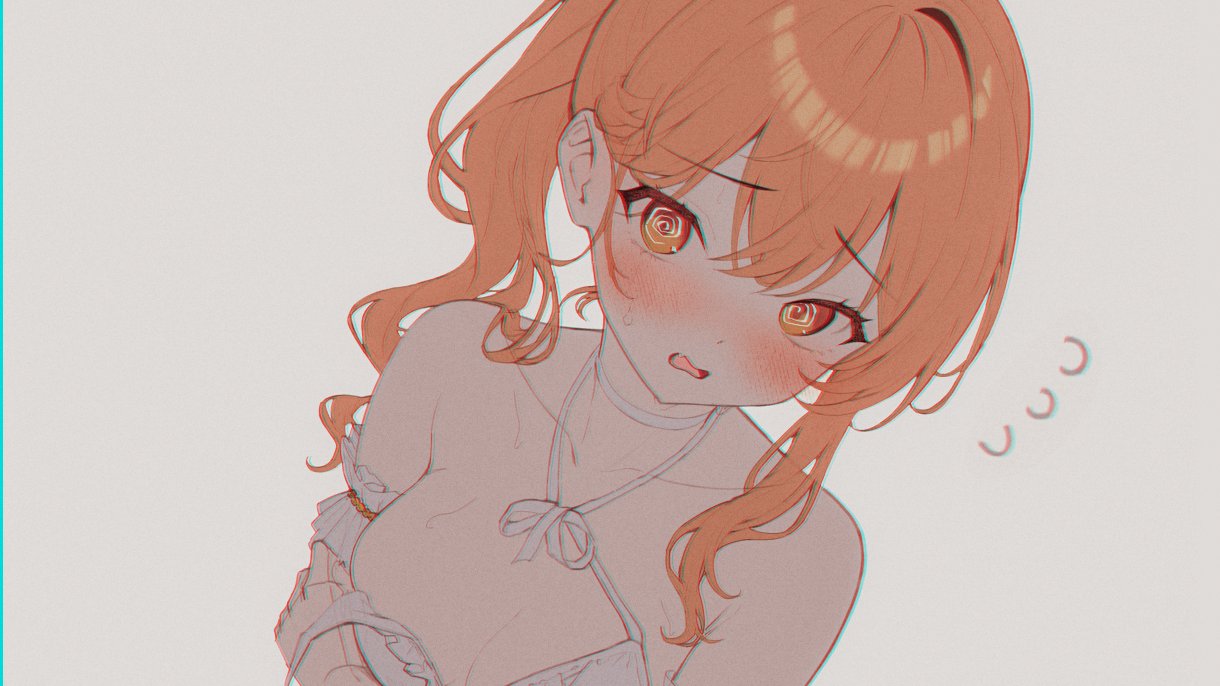 gyogyog, tia (black survival), black survival, eternal return: black survival, unfinished, 1girl, @ @, arm garter, bare shoulders, bikini, blush, breasts, choker, cleavage, embarrassed, fang, long hair, looking at viewer, medium breasts, open mouth, orange eyes, orange hair, ponytail, simple background, solo, string bikini, swimsuit, upper body, wardrobe malfunction, white background, white bikini, white choker