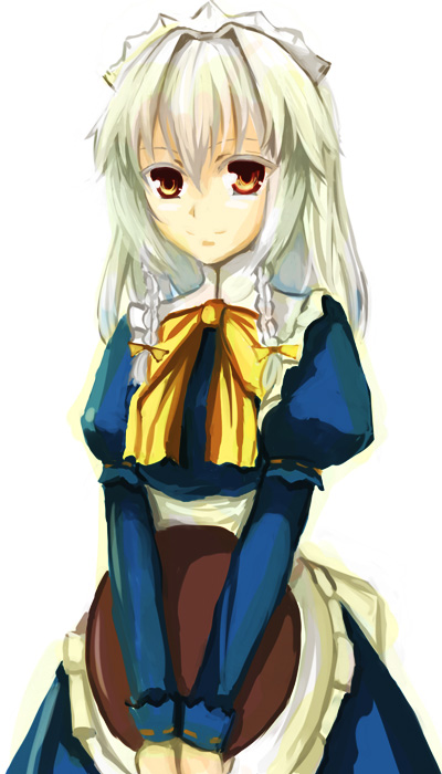 interstellar, izayoi sakuya, curiosities of lotus asia, touhou, silver hair, 1girl, apron, bow, braid, female focus, hair bow, hairband, maid, maid apron, maid headdress, ribbon, short hair, simple background, smile, solo, twin braids, yellow eyes