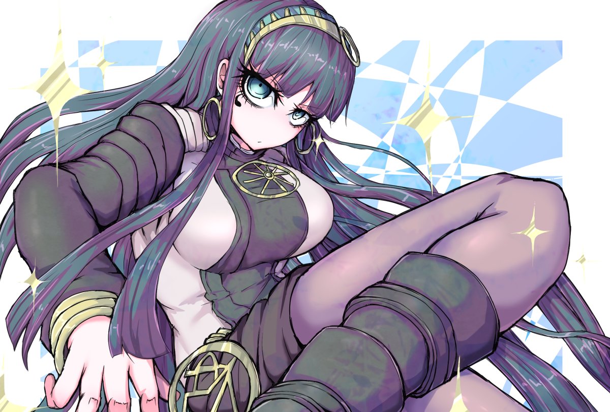 tettsui kusuru, cleopatra (fate), fate/grand order, fate (series), 1girl, aqua eyes, bangle, body markings, bracelet, breasts, earrings, green hair, hairband, jewelry, large breasts, long hair, long sleeves, looking at viewer, pantyhose, solo, star (symbol)