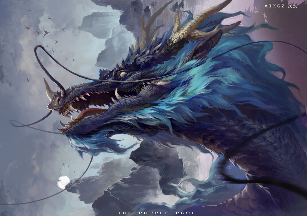 original, aixgz, artist name, cloud, cloudy sky, dragon, eastern dragon, grey sky, horns, mane, monster, monster focus, no humans, open mouth, portrait, sharp teeth, simple bird, sky, solo, teeth, yellow eyes