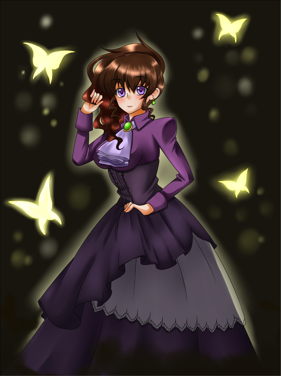 windcats, ushiromiya natsuhi, umineko no naku koro ni, bad id, bad pixiv id, highres, 00s, brown hair, bug, butterfly, dress, gun, insect, side ponytail, solo, umneko, weapon