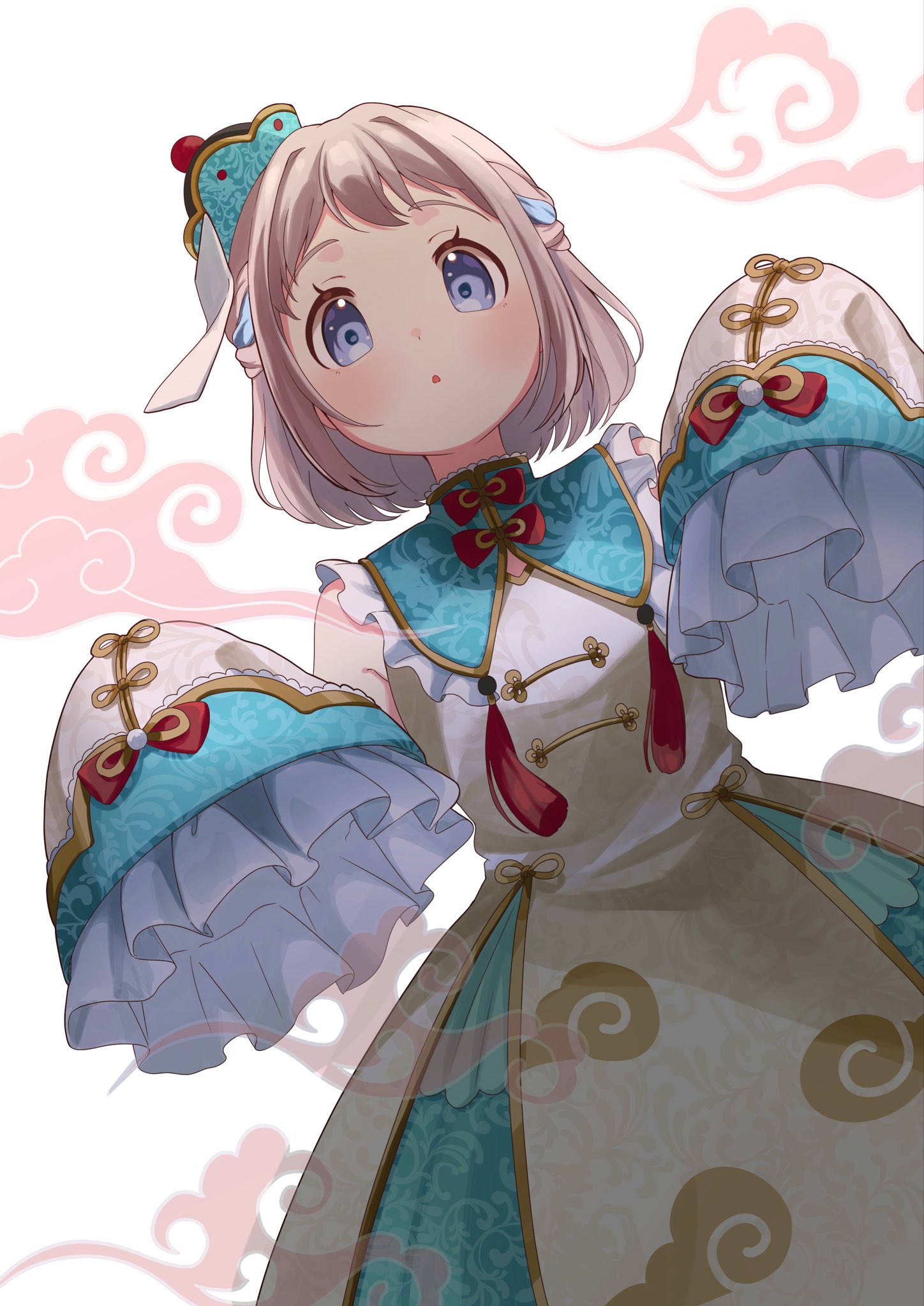 mochiusasa, katsuragi lilja, gakuen idolmaster, idolmaster, commentary, highres, 1girl, bare shoulders, blue eyes, blush, brown hair, cowboy shot, detached sleeves, dress, frilled sleeves, frills, green hat, hands up, hat, long sleeves, looking at viewer, mini hat, parted lips, short hair, sleeveless, sleeveless dress, sleeves past fingers, sleeves past wrists, solo, white background, white dress, white sleeves
