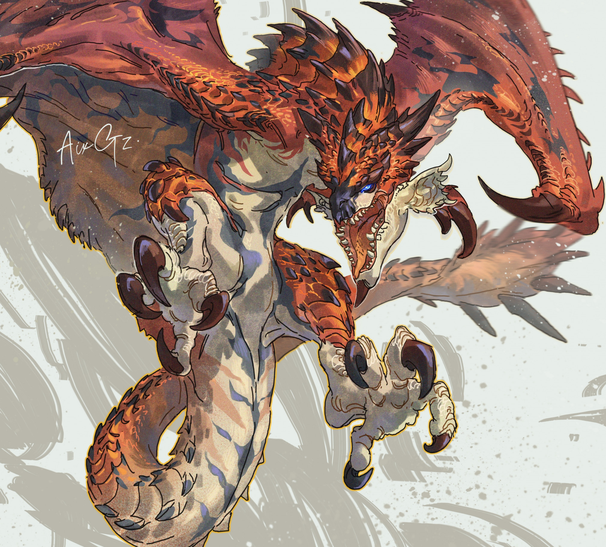 rathalos, monster hunter (series), highres, aixgz, artist name, blue eyes, claws, dragon, horns, monster, monster focus, no humans, open mouth, solo, tail, white background, wings, wyvern