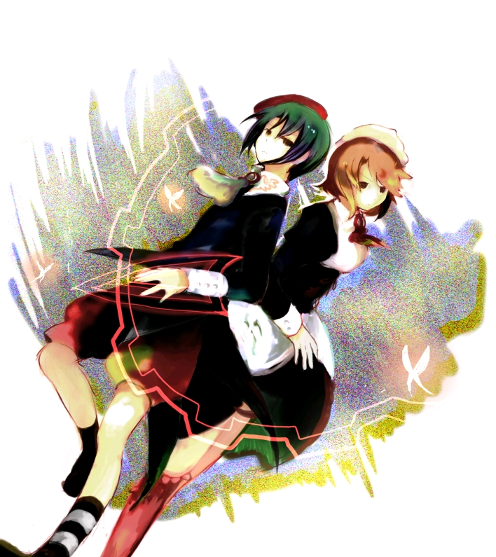 une (missing), kanon (umineko), shannon (umineko), umineko no naku koro ni, bad id, bad pixiv id, inactive account, 00s, 1boy, 1girl, back-to-back, black hair, brown hair, maid