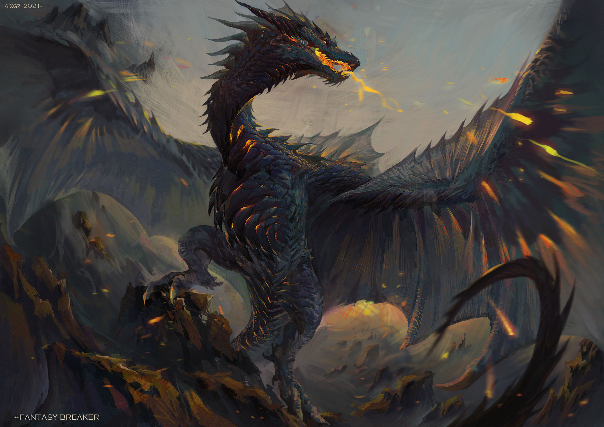 original, highres, aixgz, breath weapon, breathing fire, dragon, embers, fire, monster, monster focus, no humans, outdoors, solo, tail, western dragon, wings, wyvern