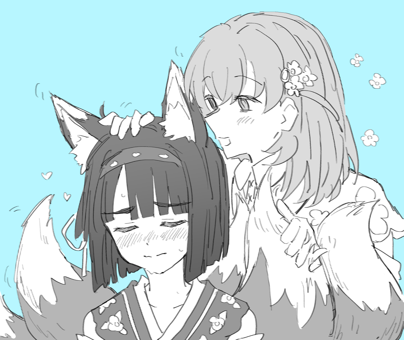 nogreen, hinoshita kaho, momose ginko, hasunosora fantasy, link! like! love live!, love live!, commentary, english commentary, 2girls, animal ear fluff, animal ears, bare shoulders, blue background, blunt bangs, blunt ends, blush, bob cut, cerise bouquet, collarbone, flower, fox ears, fox girl, greyscale with colored background, hair flower, hair ornament, headpat, japanese clothes, kemonomimi mode, kimono, kitsune, kyuubi, medium hair, multiple girls, multiple tails, nervous sweating, nontraditional miko, nose blush, official alternate costume, open mouth, raised inner eyebrows, short hair, sleeveless, sleeveless kimono, sweat, tail, two side up