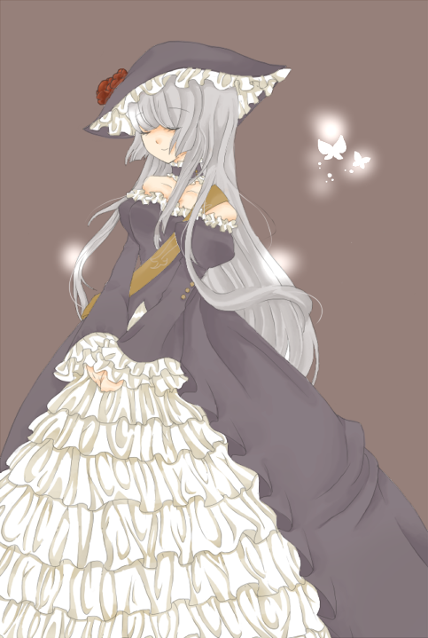 fuji (shugoi), virgilia (umineko), umineko no naku koro ni, silver hair, bad id, bad pixiv id, 00s, 1girl, closed eyes, dress, female focus, hat, hime cut, long hair, solo